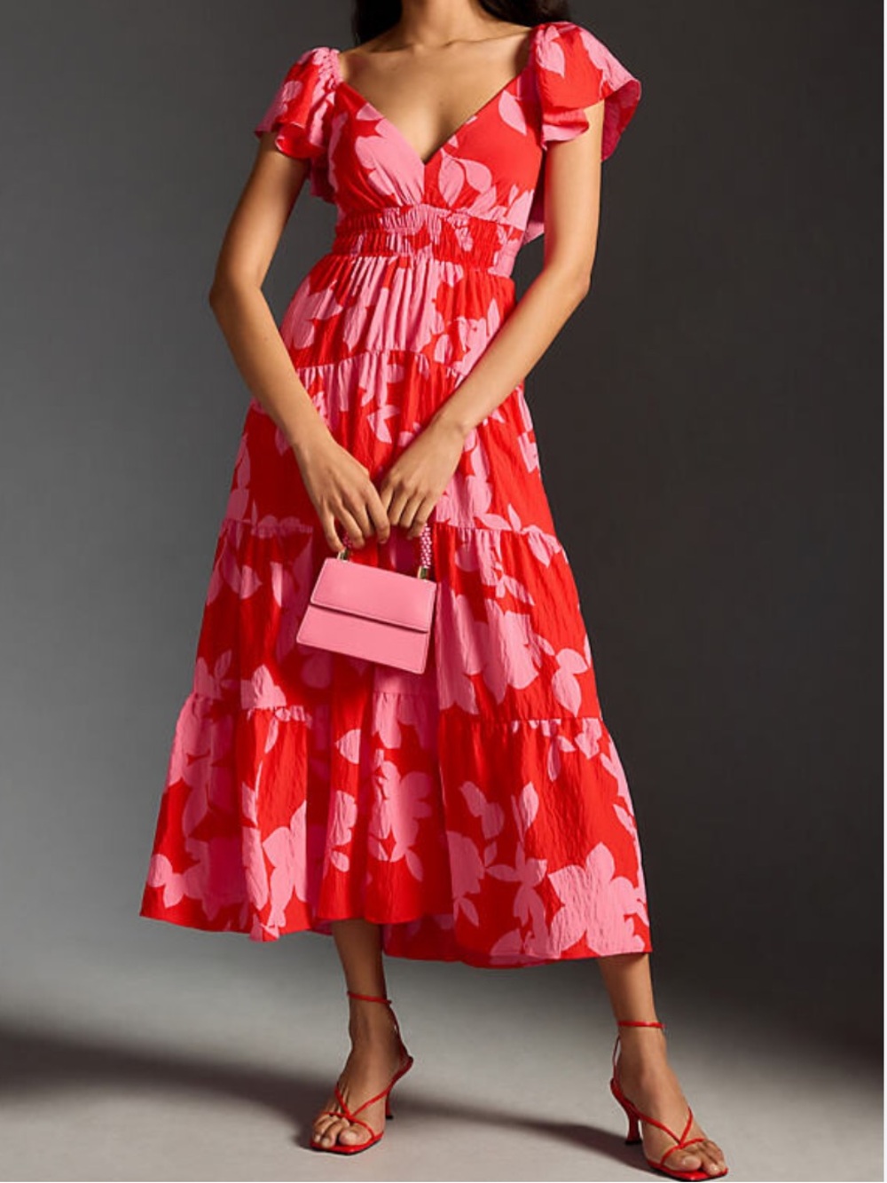 Anthropologie Red and Pink Flutter-Sleeve Midi Dress